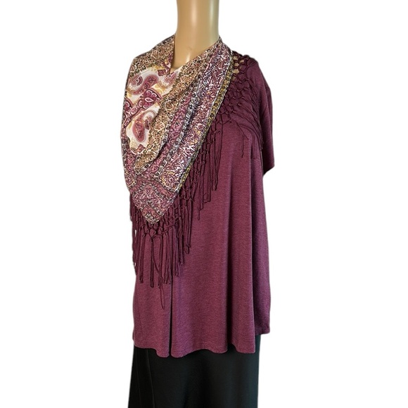 fringe scarf,attached to burgundy top, detachable,boho,macrame,western,office - Picture 5 of 14